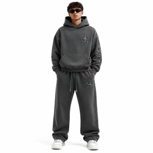 Nouvel ensemble de survêtement confortable deux pièces avec sweats à capuche surdimensionnés et épais, personnalisés et gaufrés, et pantalons de jogging à jambes larges - Fournisseur ODM - Product Image 2