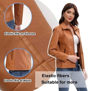 Women's Brown PU Leather Moto Jacket Full Sleeve Stand Collar <b>Zipper</b> Closure Short Length Autumn Style - Product Image 4