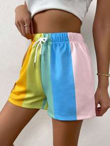 Shorts de Mujer a Rayas Arcoíris de Alta Calidad, Fábrica Auditada por BSCI, Cintura Alta, Cordón Elástico, Shorts Casuales de Verano, OEM Personalizado - Product Image 1