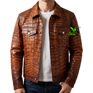 VANTEX SPORTS Blouson de moto en cuir véritable gaufré effet peau de serpent vert pour homme, col montant, fermeture éclair simple - Product Image 5