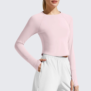 Hauts de yoga écologiques haut de gamme pour femmes, coupe classique, couleur unie, respirants, séchage rapide, grandes tailles, en Spandex/Polyester, col rond, manches longues - Product Image 5