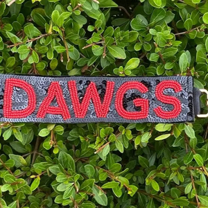 Trendy Comfortable Custom DAWGS Beaded Game Day Keychain <b>Wristlet</b> Handmade Sequin & Bead Football Fan Key Holder Font and Layout - Product Image 1