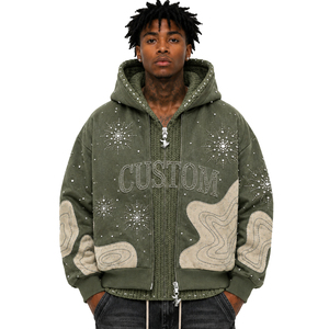 Double Layer Rhinestone Zip-Up Hoodie for <b>Men</b> Custom Patchwork Knit Inner Hood Oversized Streetwear <b>Jacket</b> Y2K Winter Fashion - Product Image 1