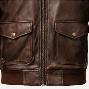 Blouson aviateur en cuir véritable marron pour homme avec épaules matelassées et fermeture éclair - Product Image 5