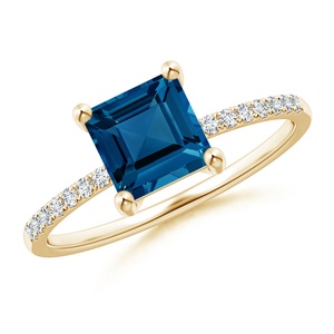 Anillo de Oro Sólido de 14k con Topacio Azul Londres Cuadrado y Banda de Diamantes Engastados en Pavé, Joyería Fina, Anillos de Compromiso para Mujer con Diamantes Certificados - Product Image 1