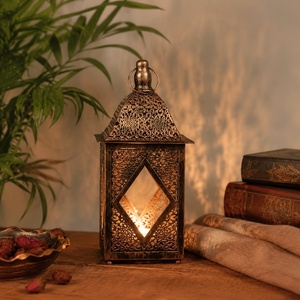 Heritage <b>Black</b> Metal Moroccan <b>Lantern</b> with Diamond Glass Window Intricate Cutwork Decorative Candle Holder for Home Decor - Product Image 2