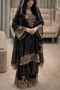 Conjunto de Vestido Tradicional Indio-Pakistaní para Mujer, Color Negro, Bordado, Largo hasta el Suelo, con Trabajo de Hilo Dorado, para Bodas - Product Image 3