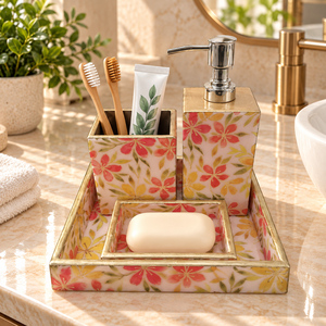 Juego de Accesorios de Baño de Madera Hechos a Mano con Patrón Geométrico Negro Marfil Impreso, Venta al por Mayor OEM ODM - Product Image 6