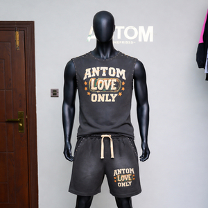 ชุดเซ็ตเสื้อกล้ามและกางเกงขาสั้นผู้ชาย ผ้าใยไผ่ 100% ระบายอากาศได้ดี ประดับเพชร สไตล์สตรีทแวร์ลำลอง ชุดลำลองฤดูร้อน 2 ชิ้น - Product Image 5