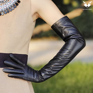 High-End Women's <b>Long</b> Genuine Leather <b>Gloves</b>, Premium Quality Black Solid Color Wholesale Fashion Accessories - Product Image 2