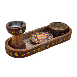 Handcrafted <b>Mango</b> <b>Wood</b> Incense Burner Gift Set With White Floral Carvings Including Coaster Serving <b>Tray</b> And Storage Jar - Product Image 5