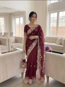 Designer Embroidery Sequence Coding Work And Thread Work In Border Fandy Satin <b>Saree</b> With Running Embroidery Work Blouse Piece - Product Image 2