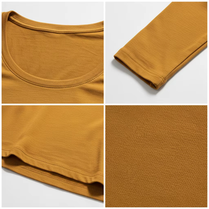 T-shirt en tricot à manches longues et col rond jaune moutarde pour femme, décontracté, respirant, couleur unie, produit le plus vendu - Product Image 6