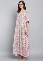 Kaftan à col en V à fleurs imprimé de blocs de main roses emblématiques Cool Knit By 100% Soft Cotton Comfiest & Cool Lounge Wear In All Day