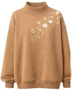 เสื้อสเวตเชิ้ตคอเต่าสีน้ำตาลอูฐสำหรับผู้หญิง ปักลายดอกไม้ แขนยาว สวมใส่สบายในฤดูหนาว ผ้าคอตตอนผสมเนื้อนุ่ม เสื้อผู้หญิง - Product Image 1