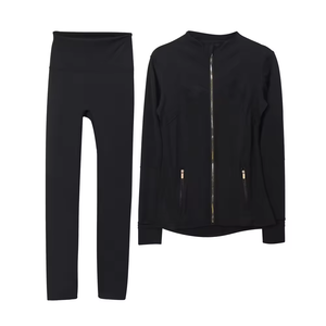 Wholesale Women Yoga Leggings High Waisted 2 Piece Sets Long Sleeve <b>Workout</b> <b>Jacket</b> Print Four-Way Stretch Nylon Spandex OEM ODM - Product Image 5