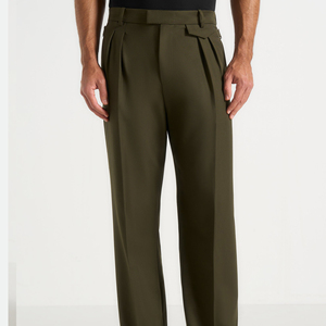 Pantalon formel plissé vert olive pour homme, taille haute, coupe droite, infroissable, mélange polyester-laine, idéal pour l'automne - Product Image 1