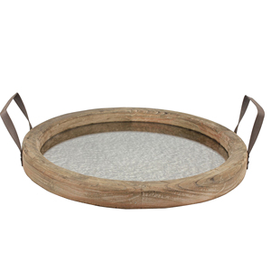 Bandeja Redonda de Madera Rústica al por Mayor con Asas Metálicas y Base Galvanizada, Bandeja Decorativa para Mesa de Centro Otomana, Bandeja para Servir - Product Image 1