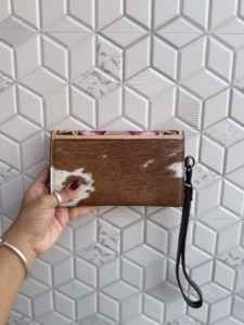 New Arrival Hand <b>Tooled</b> Carving Clutch Stylish <b>Leather</b> Pink Sun Flower Wallet Hair On Hide Multi Uses Western <b>Leather</b> Wallets - Product Image 2