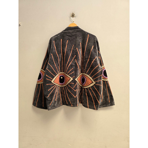 <b>Women</b>’s Gray Velvet Zip-Up Bomber Jacket with Stand Collar, Y2K Embroidered Eye Design, Vintage Streetwear Autumn <b>Coat</b> - Product Image 3