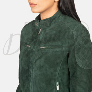 <b>Women</b> Dark Green Genuine <b>Suede</b> Leather Bomber <b>Jacket</b> Slim Fit Premium Goat <b>Suede</b> Casual Winter Outerwear Fashionable Coat - Product Image 5