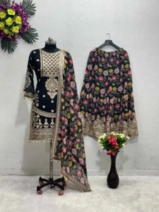 Conjunto de Salwar Kameez de Fiesta para Mujer, Diseño RICH LOOK, Top de Terciopelo Modal con Bordado de Hilo, Sharara y Dupatta, Color Azul Cielo - Product Image 4
