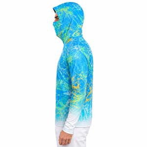 Wholesale Men's Sublimation Printed Long Sleeve Fishing Hoodie UPF 50 Anti-Uv Quick Dry Blue Green Pattern Pullover Shirt - Product Image 4