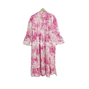 Vestido Midi de verano informal con estampado de bloques a mano para mujer, algodón transpirable, mangas 3/4, Color Natural, largo hasta el suelo para todos los días - Product Image 1