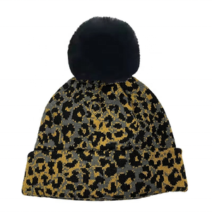 Unisex <b>Leopard</b> <b>Print</b> Beanie <b>Hat</b> With Pom Pom Winter Warm Cap Casual Style For Adults Head Circumference - Product Image 3