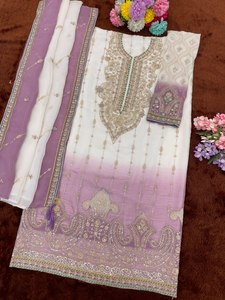 Salwar Kameez brodé blanc et violet dégradé avec dupatta, tenue traditionnelle indienne et pakistanaise, longueur cheville, vêtements pour femmes - Product Image 3