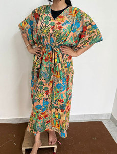 Caftán Largo de Algodón con Estampado Tropical, Estilo Boho, Cuello en V, Corte Holgado, Manga Corta, para Mujer, Informal, de Verano - Product Image 2