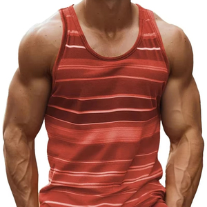 Camiseta sin mangas a rayas rojas para hombre, cuello redondo, transpirable, de punto, informal - Product Image 1