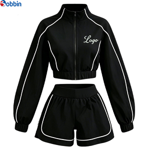Conjuntos Deportivos Cortos de Verano Estilo Hip Hop para Mujer, 2 Piezas, Chaqueta con Cremallera y Pantalones Cortos, 100% Algodón, Transpirable, de Secado Rápido, Ecológico, Mangas Largas - Product Image 2