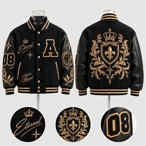 Chaqueta de Hombre Negra con Bordado Dorado, Chaqueta de Béisbol Personalizada con Letras, Cuerpo de Lana, Mangas de Cuero, Chaqueta Bomber de Equipo, Fabricante - Product Image 3