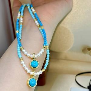 Collier pendentif turquoise de style européen et américain, polyvalent, vintage, tendance, boucle universelle, perle d'eau douce, design superposé - Product Image 3