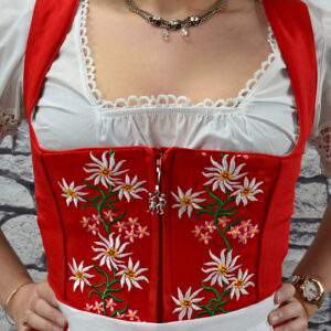 Vestido Dirndl Rojo y Negro con Bordado, Cuello en V, Manga Casquillo, Corte en A, Largo Midi, Estilo Vintage, Color en Contraste, para Celebraciones - Product Image 4