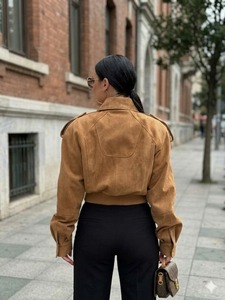 Camel <b>Suede</b> Bomber <b>Jacket</b> For <b>Women</b> - Cropped Quiet Luxury Fall Style - Product Image 3