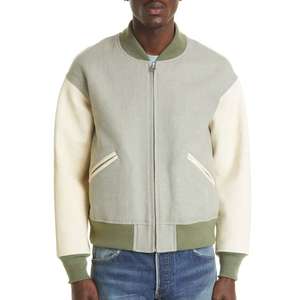 Chaqueta Varsity Azul Marino para Hombre, con Logotipo Personalizado, Mangas de Cuero, Bordado, Cuello Alto, Estilo Universitario, para Parejas - Product Image 2