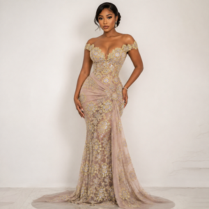 Champagne Gold Floral Luxury Lace 100% Polyester Beaded <b>Sequin</b> Embroidery Bridal Wedding Party Wear Fabric - Product Image 1