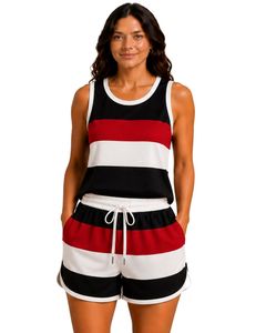 Ensemble de pyjama en satin pour femme, rayures noires, rouges et blanches, débardeur sans manches avec short à cordon, tenue de détente de luxe - Product Image 1