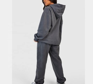 Ensemble de survêtement décontracté pour femme, couleur unie, à capuche, manches longues, taille élastique, coupe ample, pantalon de survêtement et sweat-shirt en coton, pour l'automne - Product Image 3