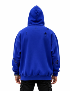 เสื้อฮู้ดดี้ซิปแบบยูนิเซ็กส์ สีน้ำเงินล้วน สไตล์วินเทจ ขาดๆ แบบดิสเทรส ทรงโอเวอร์ไซส์ ผ้าฟลีซ สตรีทแวร์ มีกระเป๋า ผลิตจากผ้าฝ้าย 100% - Product Image 5