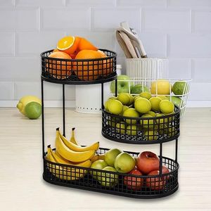 Three Tier Oval Metal Fruit <b>Basket</b> Storage Rack Standing Type Kitchen Minimalist Design <b>Stackable</b> Food Holder - Product Image 1