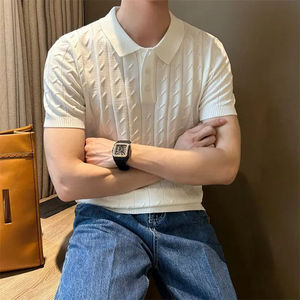 Polo à manches courtes en tricot vertical, tendance et polyvalent, t-shirt décontracté pour homme, chemise de haute qualité pour homme - Product Image 4
