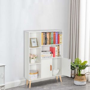 Mobiletto Contenitore in Legno Autoportante per Soggiorno, Libreria a Doppia Anta con 2 Ripiani, 3 Cubi e 4 Gambe, Mobile Laterale Decorativo - Product Image 2
