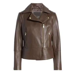 Chaqueta de Cuero Genuino para Mujer, Color Marrón Oscuro, Estilo Moto, Cierre Asimétrico, Corte Ajustado, Elegante, Chic, de Lujo, Estilo Biker, Ropa Urbana - Product Image 5