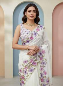 Sari de organza de seda con estampado floral, perlas y bordes de trabajo manual, sin arrugas, de secado rápido, para fiestas. - Product Image 3