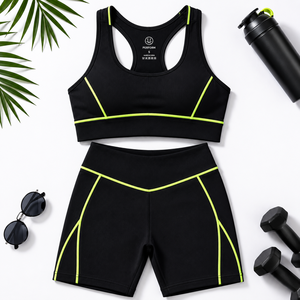 Women Contrast Stitch Yoga Set <b>Racerback</b> Sports <b>Bra</b> High Waist Biker Shorts Fitness Gym Workout Activewear Set - Product Image 4