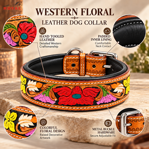 Vibrant Western Floral Tooled Leather Dog Collar <b>Padded</b> Inner Lining | Adjustable Metal Buckle Handmade Pet Neckwear <b>Walking</b> - Product Image 5