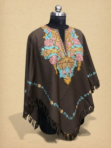 Handmade Kashmir Floral Embroidered Poncho Shawl Soft Wool <b>Winter</b> Wrap for Women Traditional Kashmir Aari <b>Work</b> Wool Poncho Cap - Product Image 2